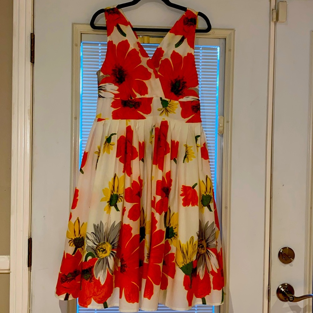 Aryeh Dress White Orange Cotton Floral Flare Swing Sleeveless Side Zip Midi